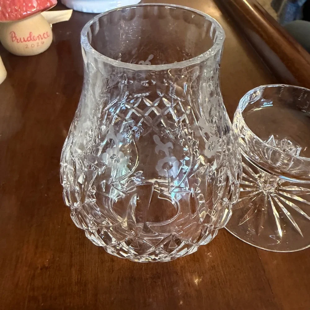 Vintage Crystal Hurricane Candle Holder Etched Floral Diamond 2 Piece Clear 7.5